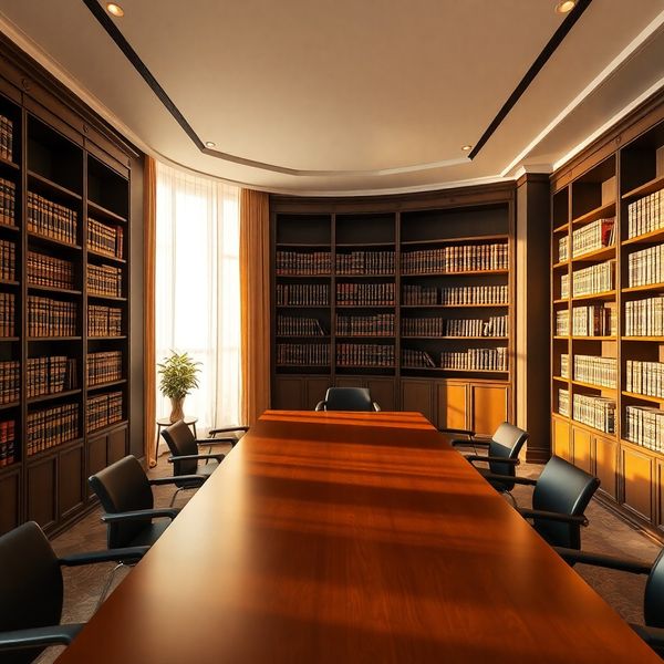 Interior de birou în Cluj-Napoca, pereți antracit, accente aurii și bibliotecă de tratate juridice